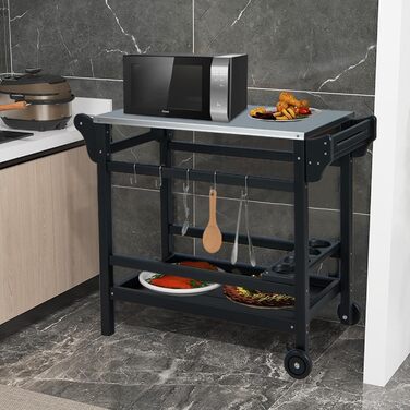 Гриль-візок Komfotteu з нержавіючою сталею, столиця для гриля, візок для сервірування з полицями для спецій, вина та гачками, для зони відпочинку