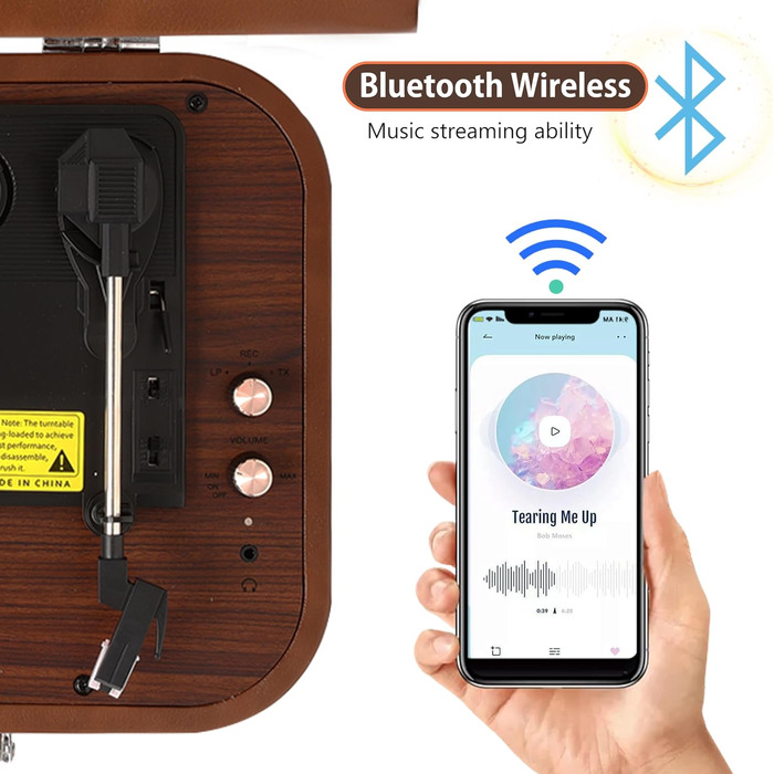 Вініловий програвач з динаміками і Bluetooth 5.4, USB, RCA/AUX, 33/45/78 об/хв, портативний ретро-кейс, коричневий