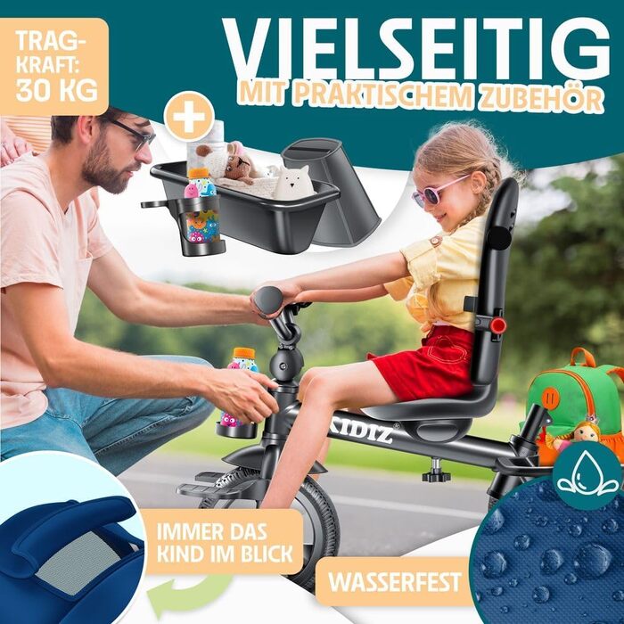 Триколісний велосипед KIDIZ 6-в-1 для дітей від 9 місяців до 25 кг: з ручкою, кошиком, сонцезахисним козирком, прогулянковий, синій