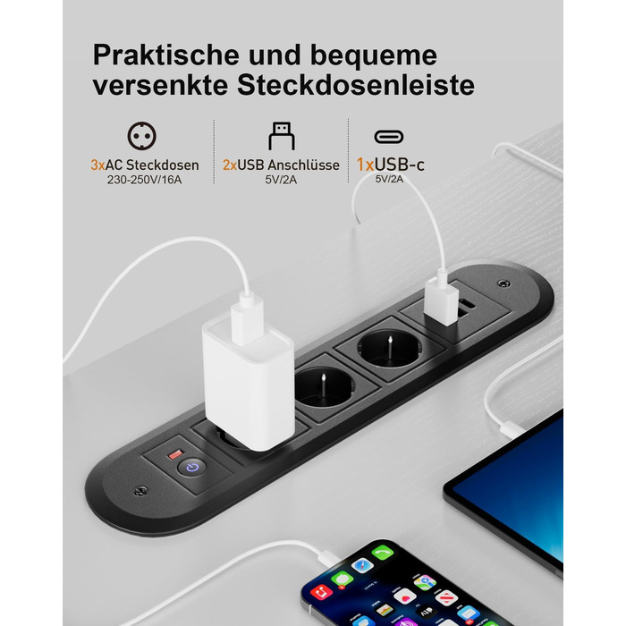 Регульований стіл з USB-зарядкою та розеткою, 100 × 60 см. Електричний стіл, регульований комп'ютерний стіл з 3-функціональною пам'яттю, білий. 100 x 60 см