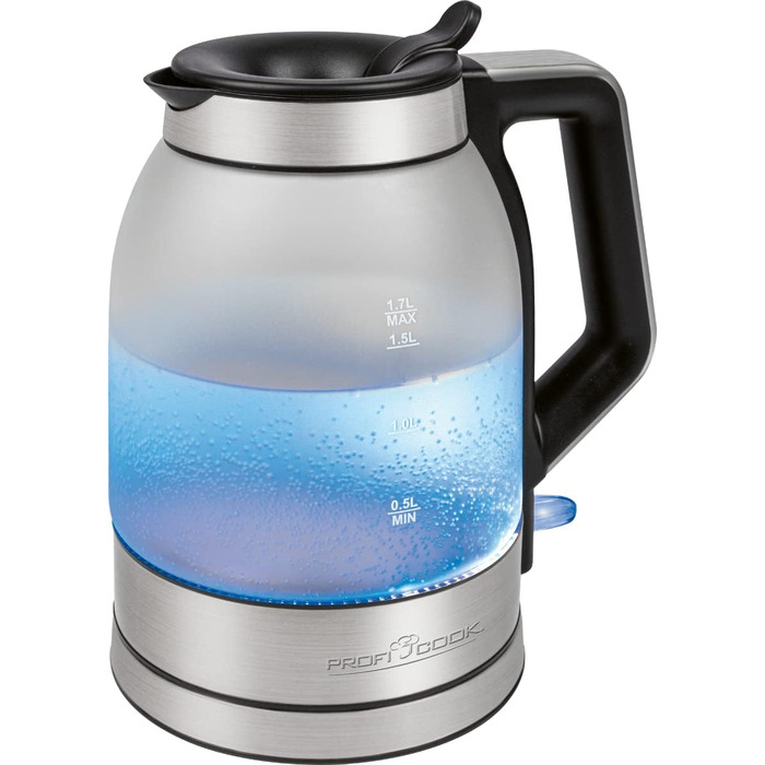 Чайник ProfiCook 1,7 літра з матовим склом Резервуар для води з синім підсвічуванням Склянка чайника з 1,7 л Чайник з наповнювальним отвором, що самозакривається Без бісфенолу А 2200 Вт PC-WKS 1215 Г