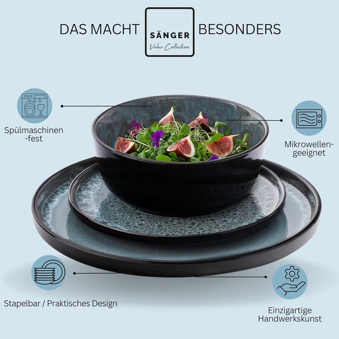 Набір посуду SÄNGER Manila на 6 осіб (30 предметів) | Керамічний сервіз, блакитний з чорним обідком