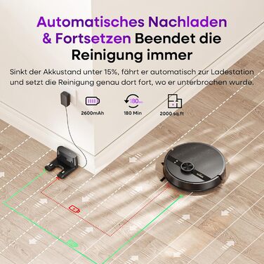 Робот-пилосос MONSGA з функцією миття, 5000Pa, час роботи 180 хв, система захисту від ковтунів, LiDAR навігація, для килимів та шерсті тварин, керування через додаток та пульт (чорний)