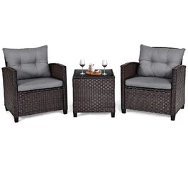Набір садових меблів LIFEZEAL 3 предмети: 2 крісла та стіл з штучного ротангу (PE) з подушками, скляна стільниця, для тераси, балкона, саду - сірий