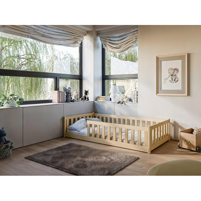 Ліжко дитяче Kinderbett Bodenbett 90x200 см з бортиком та ламелями Montessori, ліжко-гойдалка для дітей та підлітків, 4-18 років, колір натуральний