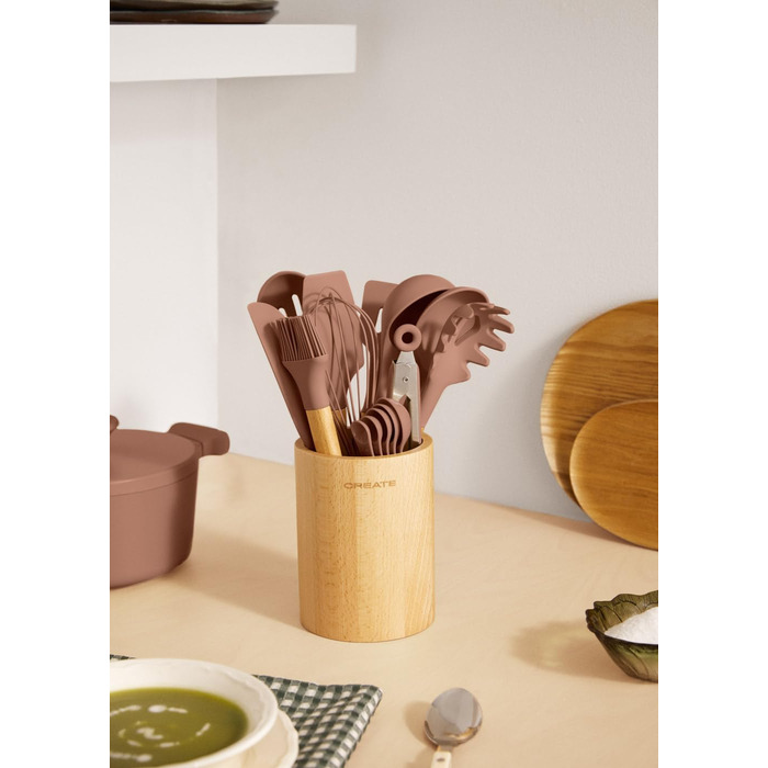 Набір кухонних аксесуарів 11 предметів, кремово-білий, силікон та бука, BPA-free, стійкий до 230°C