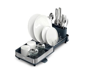 Сушарка для посуду Joseph Joseph Extend Slim з нержавіючої сталі, висувна, компактна, з підставкою для столових приборів та поворотним зливом, сіра