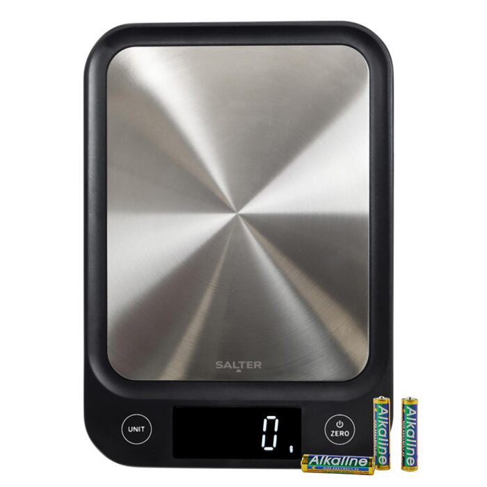 Кухонні ваги Salter 1068 SSBKDR: цифрова вага з нержавіючої сталі, 5 кг, функція тарування, вимірювання рідин (мл/fl.oz), LCD-дисплей, чорний колір, стильний дизайн, легко очищаються