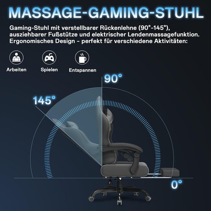 Ігровий крісло, офісне крісло з підніжкою, ергономічне крісло з регульованою спинкою 90-135°, вантажопідйомність 150 кг (сірий)