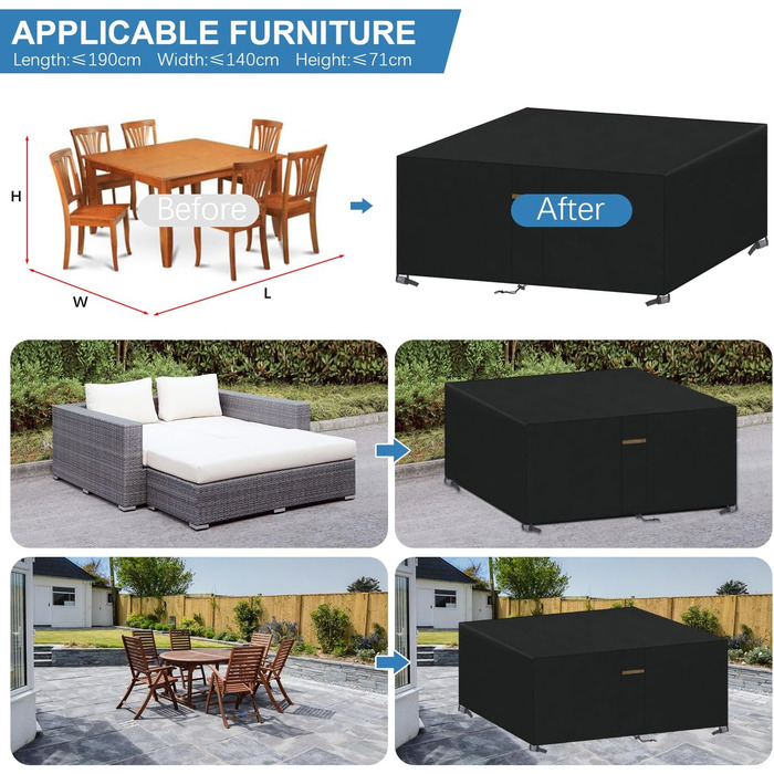 Водонепроникний чохол для садово-патіо меблів VANSHEIM 60x60x60 см / 190x140x71 см, захисна накривка для столу та сидінь
