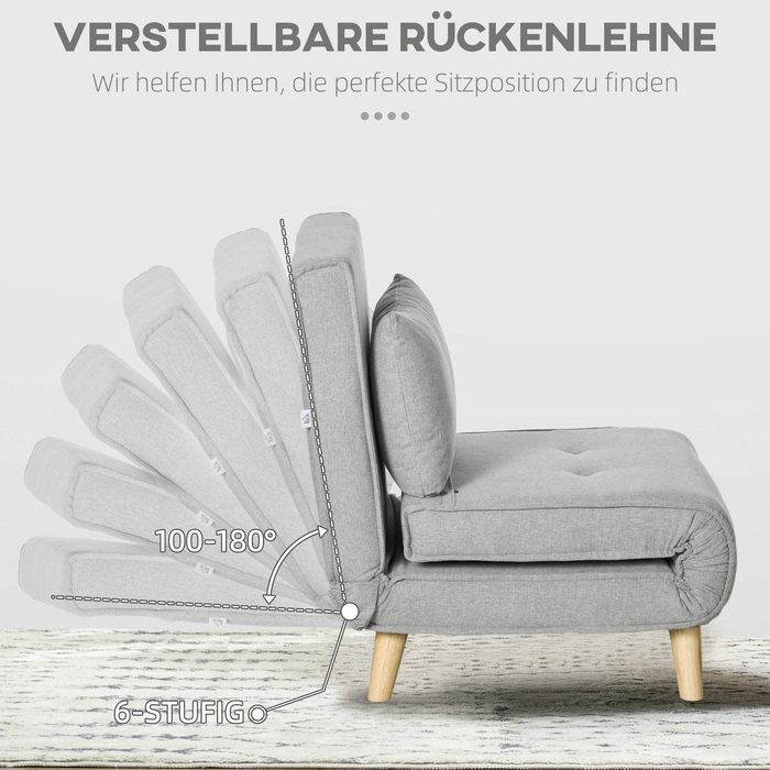 Крісло-ліжко з регульованим спинкою у 6 положеннях, з текстурою льону, витримує до 150 кг, світло-сірого кольору.