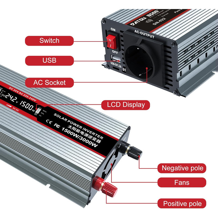 Інвертор DATOUBOSS Перетворювачі напруги від 12 В до 230 В з чистою синусоїдою 1000 Вт/2000 Вт з USB-портами та розетками ЄС для будинків, караванів, сонячних систем (сірий 1500 Вт 24 В)