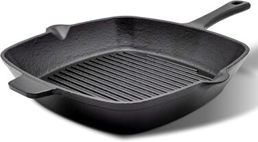 Сковорода-гриль HENSSELERS® з чавуну [26 см] для всіх типів плит та духовок, включаючи газові та індукційні плити. Антипригарна сковорода для стейків. Чотирикутна чавунна сковорода для гриля