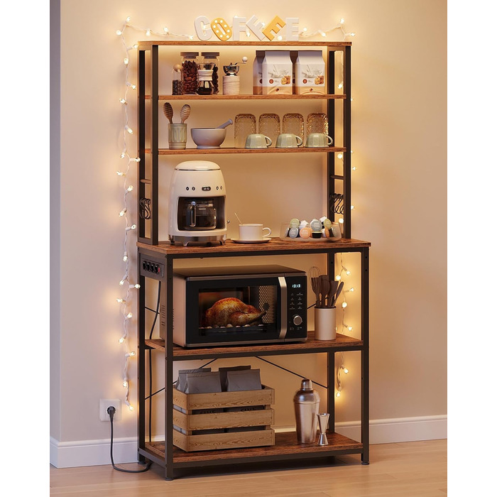 Стелаж кухонний VASAGLE з розетками, 6 полиць, гачки, сталевий каркас, 40 x 80 x 167 см, вінтажний коричневий + чорний, KKS119K06 80B cm