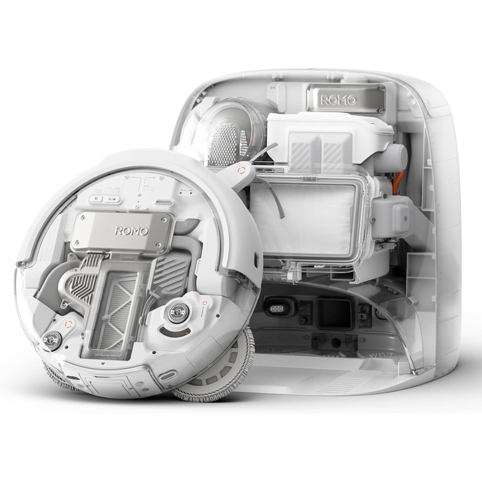 Робот-пилосос DJI ROMO S з функцією миття підлоги, 25000 Па потужність всмоктування, розпізнавання перешкод рівня дрона, два роботизовані руки, 200 днів без обслуговування, автоматичне очищення та сушіння моп-насадки (DJI ROMO P (версія з баком для води))