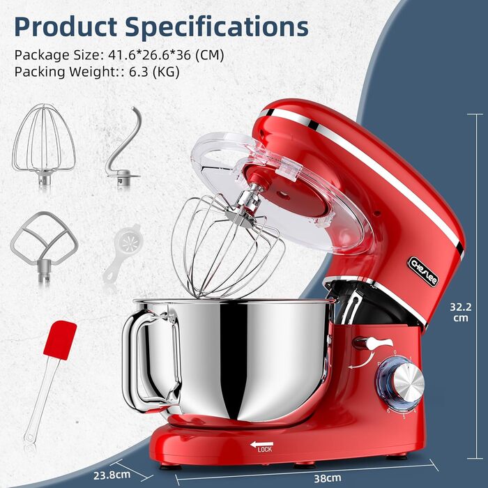 Кухонна машина Cheflee 2000W з місткістю 6.2л, нержавіюча сталь, 6 швидкостей, низький шум, насадки для замішування та збивання, для тіста та крему
