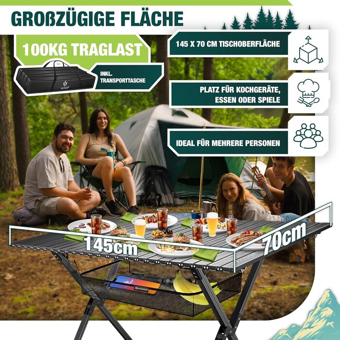 Складаний туристичний стіл KESSER® з алюмінієвим каркасом, регулюванням висоти, 90x53 см, до 100 кг, з сумкою та кишенькою