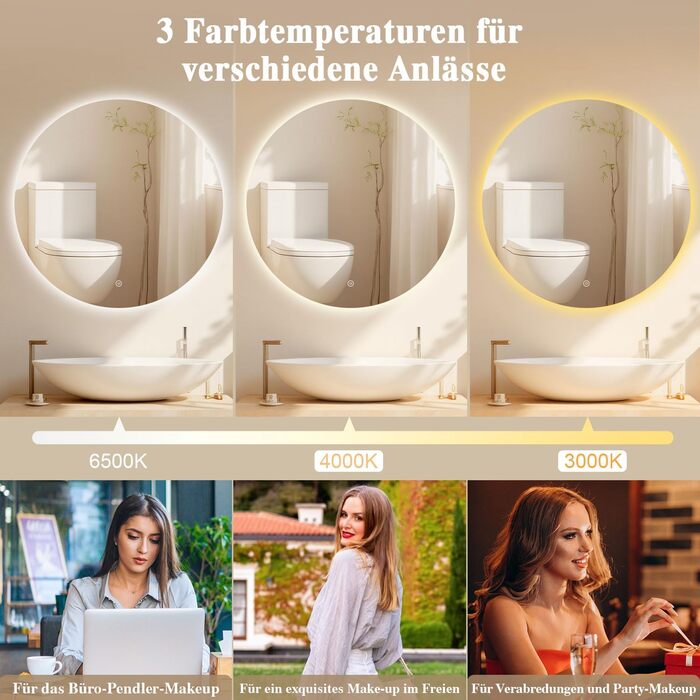 LED-дзеркало для ванної кімнати круглої форми 50 см з підсвічуванням, сенсорним вимикачем, регулюванням яскравості, 3 кольорами світла, функцією пам'яті, HD скло, захист від вибуху