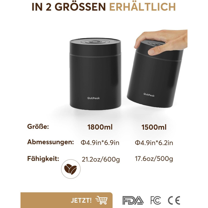 OUTPEAK Neo 2025 Kilo Auto-Vakuum-Kaffeedose: Контейнер для кави з авто-вакуумним насосом, 1,5 л, для 500 г кавових зерен, з кнопкою, з нержавіючої сталі, для бариста, подарунок (великий, матовий чорний)
