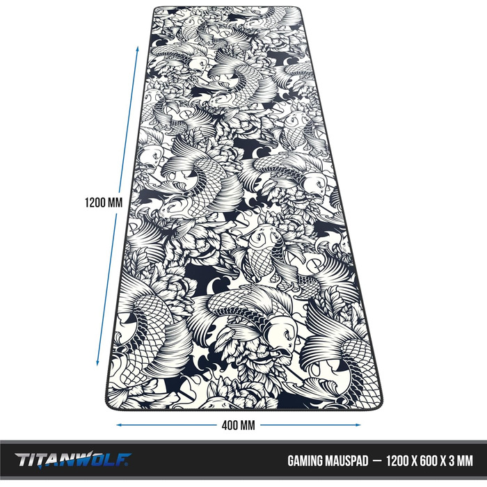 Килимок для миші Titanwolf XXXL 1500x800 мм - великий формат, гумовий, антиковзаючий, для геймінгу, з дизайном Koi Tattoo