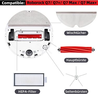 Комплект аксесуарів для Roborock Q7/ Q7 / Q7 Max / Q7 Max Запчастини для пилососа включає в себе 2 основні щітки 4 серветки 4 фільтра HEPA 6 бічних щіток (чорні) (16 шт. білі), 16 шт.