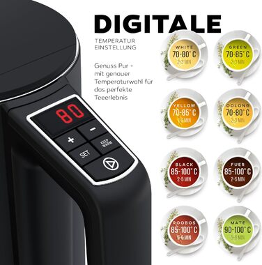 Електричний чайник BALTER з регулюванням температури, 1.5L, 2200W, білий/чорний, нержавіюча сталь, подвійні стінки, BPA free, бездротовий