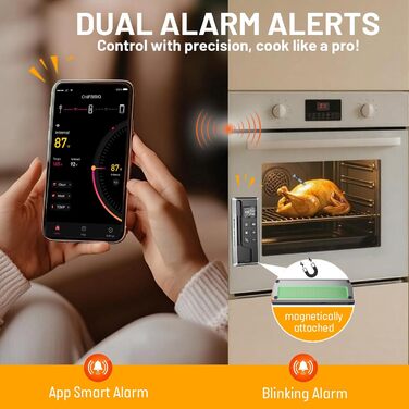 Цифровий термометр для м'яса – миттєве відображення температури, бездротовий, з двома датчиками, Bluetooth, водонепроникний IP67, для гриля та приготування їжі