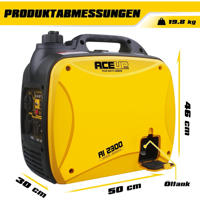 Інверторний генератор Aceup Energy 2000W: тихий бензиновий генератор з USB та 230V/12V розетками, 4-тактний двигун, 19,8 кг