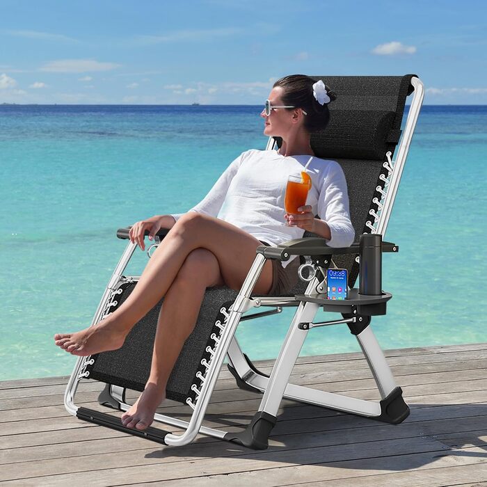 Лежак для відпочинку MOPHOTO Zero Gravity, розкладний, 200 кг, з подушкою та кишенею, для саду, балкону, тераси (Морська блакить)