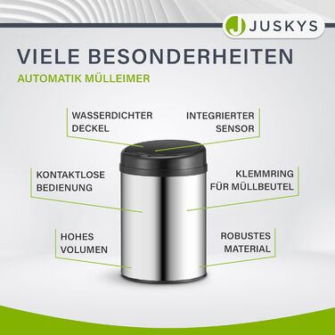 Відро для сміття Juskys з датчиком руху, 30 л, сріблястого кольору - нержавіюча сталь, з кришкою-кліпсою для пакетів