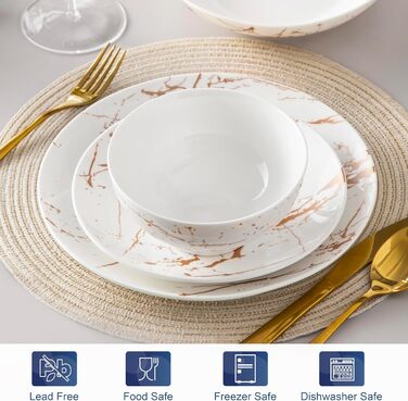LOVECASA Сервіз столовий порцеляновий Daphne SWEET, 24-частинний набір, 6 персон. Сервіз з золотим декором: тарілки для їжі, десертні тарілки, миски для каші та супові тарілки.