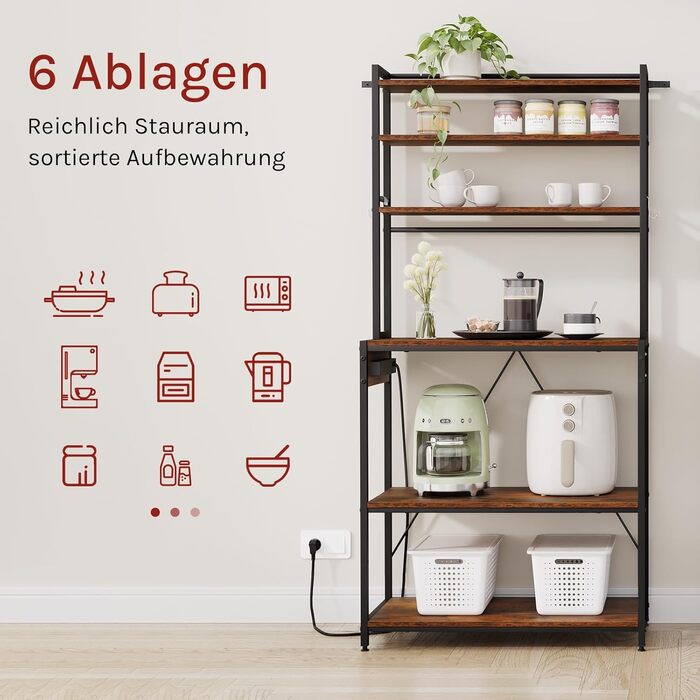 Кухонна полиця WOLTU з 6 ярусами, з розетками, для мікрохвильовки, з металевим каркасом, регульовані полиці, чорний+рустичний коричневий, 60 x 167 x 40 см (чорний+вінтажний коричневий, 80 x 39,5 x 167 см)