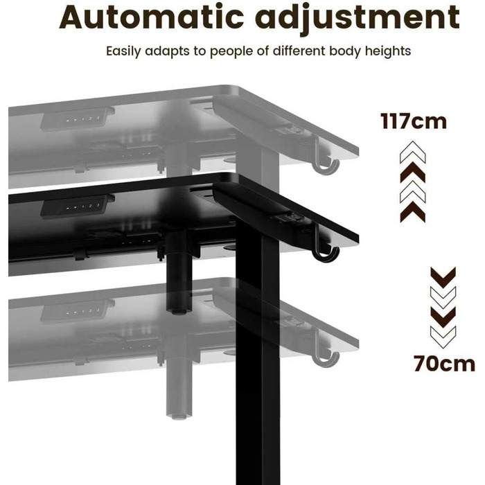 Регульований стіл 60x110 см, електричний з пам'яттю та захистом від зіткнень, висота 70–117 см, для офісу, дому та геймінгу (білий). Також доступний розмір 140x60 см (чорний)
