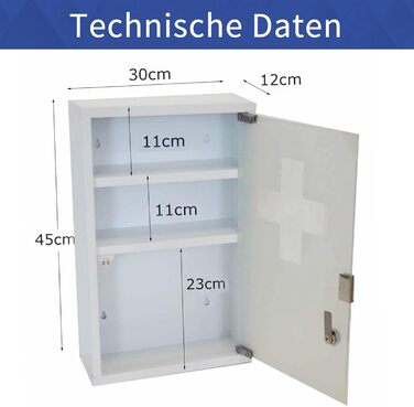 Металевий медичний шафчик Style Home з 3 відділеннями, з замком, 45x30x12 см, білий. Аптечка, шафка для ліків, аптечка першої допомоги з скляними дверцятами та замком
