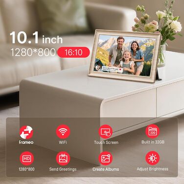 Frameo Цифровий фоторамка 10.1 дюймів, HD 1280*800 IPS сенсорний екран, 32GB пам'ять, автоповорот, Frameo App для обміну фото та відео, білий дерев'яний масив