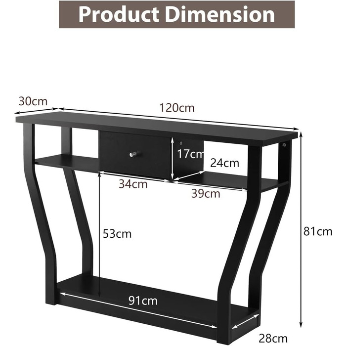 Консольний стіл LIFEZEAL, стіл для передпокою вузький, вхідний стіл з ящиком і полицею, елегантний дерев'яний журнальний столик для вітальні передпокою, 120 x 30 x 81 см (чорний)