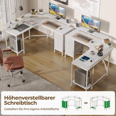 Ігровий кутовий стіл Seventable L-подібної форми з LED підсвіткою, розетками та 3 текстильними висувними ящиками, білий, 135x135x88 см