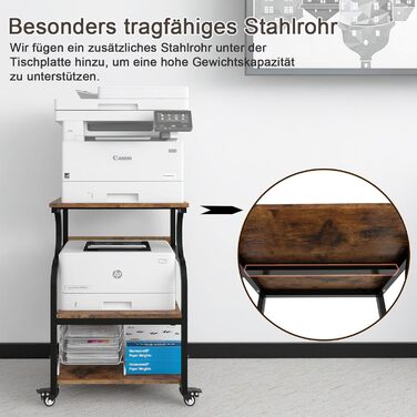 Регульований стіл для принтера PUNCIA з 3 ящиками та колесами. Мобільний візок для принтера з дерева та металу (60 x 50 см, Retro)