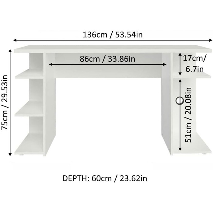 Ігровий комп'ютерний стіл Madesa, Письмовий стіл, Стіл для ПК, Офісний стіл з 5 полицями, 136x60x75 см, Дерево, Білий