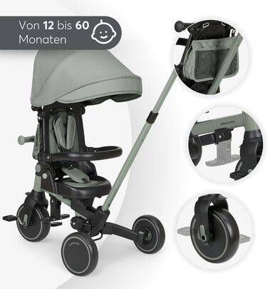 Триколісний велосипед KikkaBoo Dreirad 8-в-1 з ручкою для батьків, алюмінієва рама, зелений. Для дітей від 1 року.