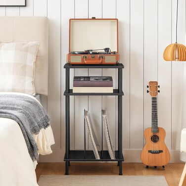 HOOBRO Підставка для програвача, 3-рівнева, приставний столик, органайзер для платівок, CD та альбомів, вінтажний коричневий та чорний (Чорний)