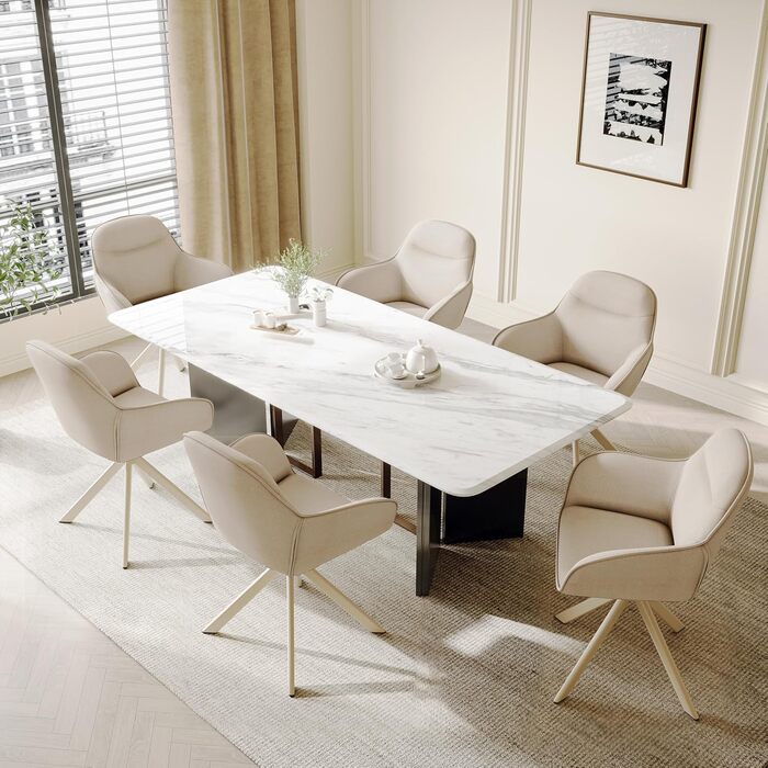 Обідні стільці поворотні з підлокітниками, комплект 6 шт, з м'яким сидінням з велюру, бежевий колір, для кухні та вітальні