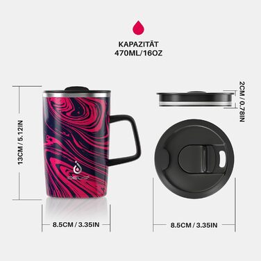 Кружка для кави та чаю Ideus® 470 мл з подвійними стінками, з нержавіючої сталі, з антиковзним руків'ям та кришкою-модулем, великий об'єм (Червоно-зебра)