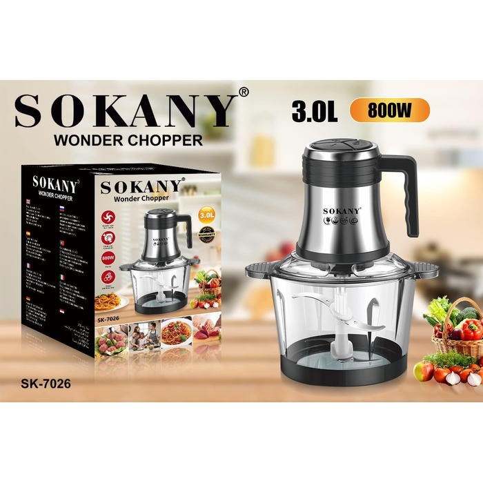 М'ясорубка-подрібнювач Sokany 800W з чашею 3л з нержавіючої сталі, електричний мультиподрібнювач з 2 швидкостями для м'яса, овочів, фруктів