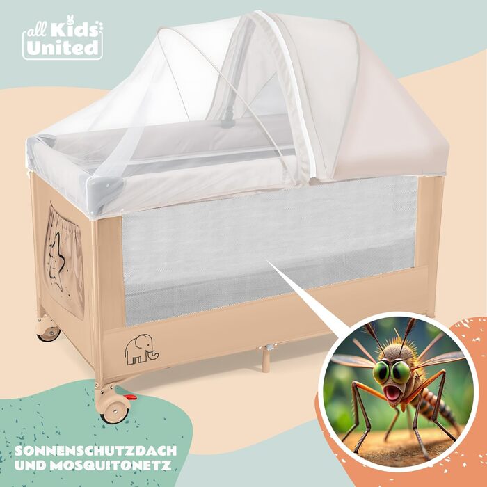 Дитяче ліжко-манежа All Kids United® для подорожей з матрацом, пеленальним столиком, музичним проигрывателем та мобілем (Бежевий)