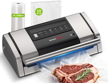 Вакууматор Bonsenkitchen VS5100 для Sous-Vide, 15 л/хв, з вбудованим різаком та кліпсою для пакетів, сріблястий