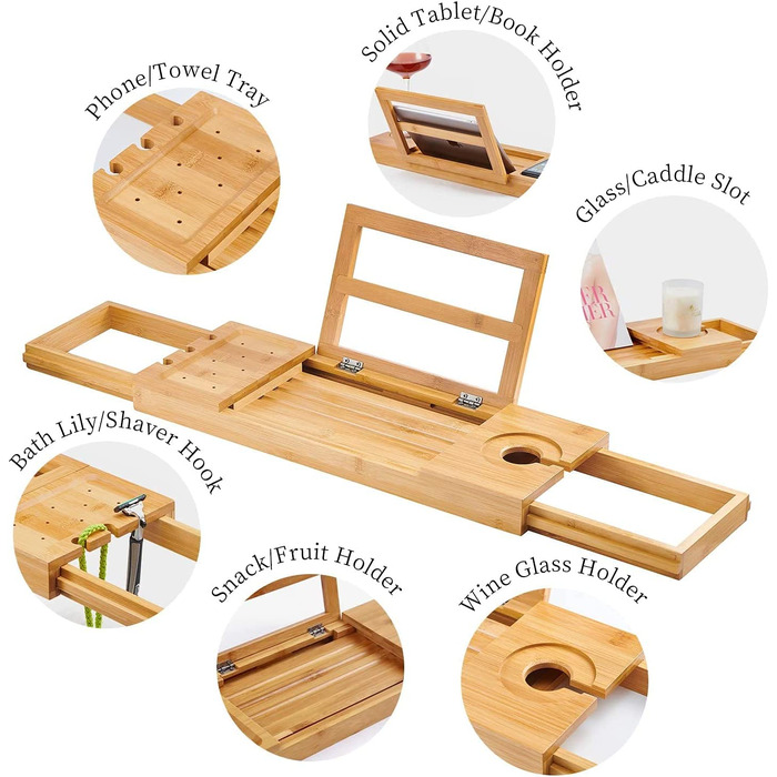 Підставка для ванни Utoplike з бамбука, регульована, органайзер для ванни з тримачем для книги, планшета, келиха, чашки, рушника (натуральний колір, 50.2 x 16 x 4.2 см)
