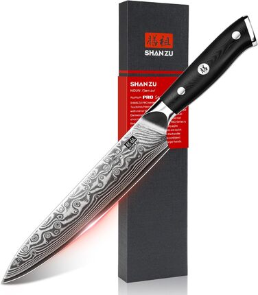Японський ніж SHAN ZU 15 см з дамаської сталі, PRO Series - універсальний ніж для кухні з лезом з 67 шарів вуглецевої сталі та ручкою G10
