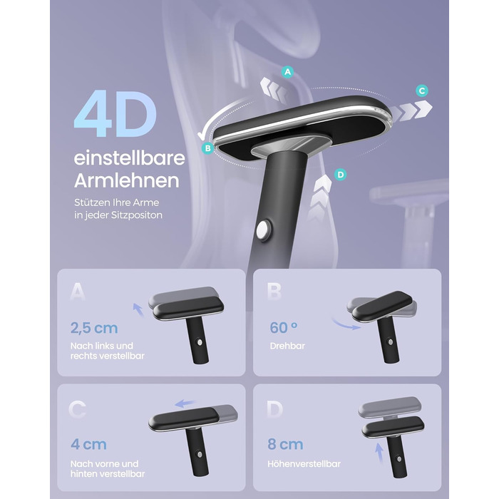 Офісний стіл SONGMICS: ергономічне крісло з регульованою поперековою підтримкою, підголівником та підлокітниками, до 150 кг, чорний OBN067BH01