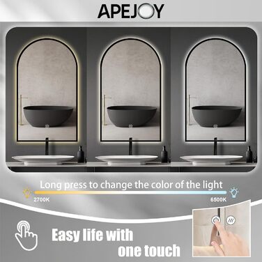 Дзеркало для ванної кімнати овальне з підсвічуванням 75x45 см, LED, сенсорне керування, зміна кольору світла (чорний)